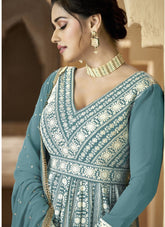 Heavy Faux Georgette Embroidered Gown in Sky Blue